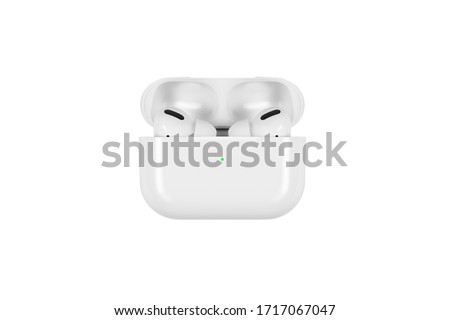 Air Pods Pro. with Wireless Charging Case. New Airpods pro on white background. Airpods Pro.EarPods. white wireless headphones on a white background Royalty-Free Stock Photo #1717067047
