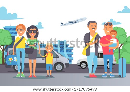 Flat people family at weekend, car trip vector illustration. Happy smiling couples standing with character children outside. Spend free time with family. In background cartoon plane and building.