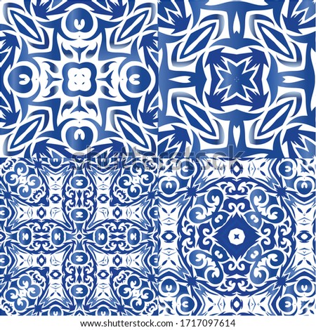 Ethnic ceramic tiles in portuguese azulejo. Graphic design. Collection of vector seamless patterns. Blue vintage ornaments for surface texture, towels, pillows, wallpaper, print, web background.