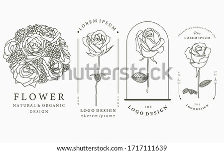 Black flower collection with rose,leaves,geometric.Vector illustration for icon,sticker,printable and tattoo