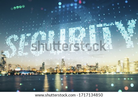 Virtual cyber security creative concept on Chicago city skyline background. Double exposure
