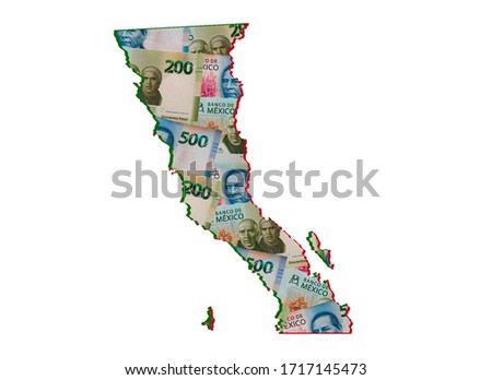 mexican banknotes forming and the map of Baja California Norte State and white background