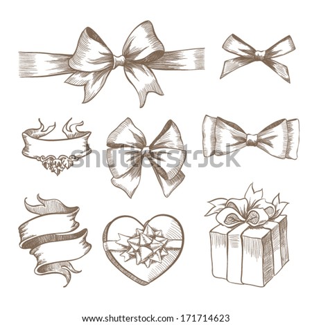 Vintage ribbon bow banners, hand drawn set Royalty-Free Stock Photo #171714623