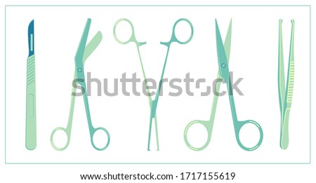 Vector flat illustration with a Surgical Instrument. Scalpel, clamp, scissors, tweezers. Stylized drawing for your web site design, logo, app, UI. Isolated stock illustration on white background.