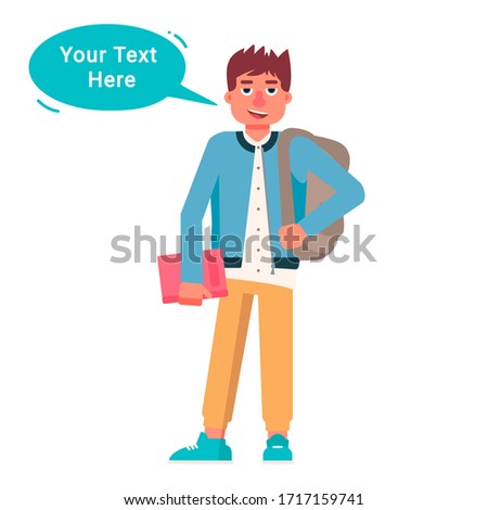 Vector character illustration of young man standing and speech bubble isolated on white background. Conversation, communication, speaking student, talking concept. Design element with place for text