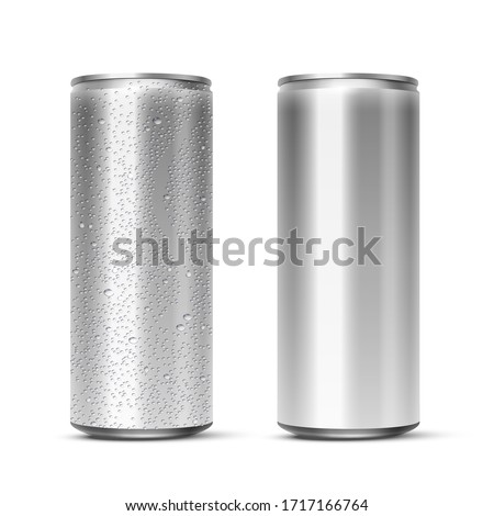 Vector 3D realistic aluminum cans with and without water drops isolated on white background. Empty mockup for beer, alcohol, soda, energy drink. Advertising and presentation design element Royalty-Free Stock Photo #1717166764