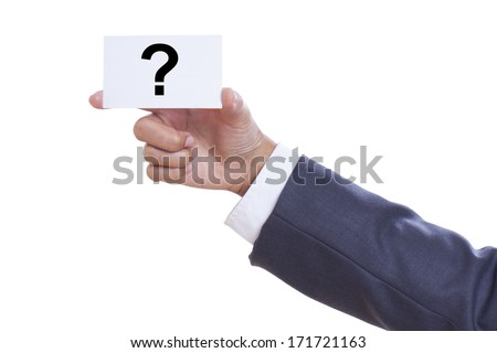 Businessman hand showing someone his business card with Question mark 