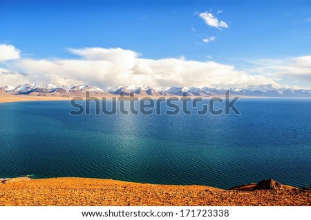 Lake Namtso. The lake Namtso is one of the highest lake in the world, lake Surface Altitude is 4718m. The Mountain of picture is Nyainqentanglha Range.