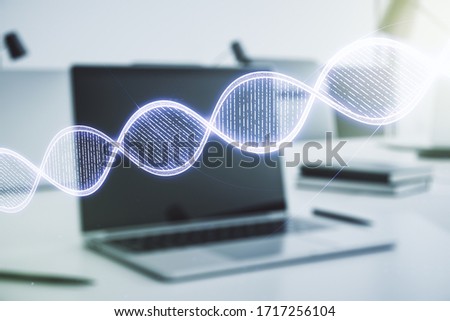 Creative light DNA illustration on modern computer background, science and biology concept. Multiexposure