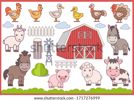 Farm animals and birds isolated on white background. Village barn. Collection cute cartoon animals characters. Farm Birthday decor. Vector illustration.