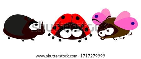 Set of cute insects on a white background. Butterfly, ladybug and rhino beetle in kawaii style. Collection of funny toon cartoons. EPS10 vector illustration