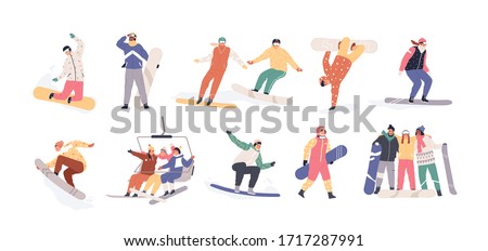 Collection of snowboarders isolated on white background. Extreme winter mountain activity. Set of people wearing outfit riding snowboard. Vector illustration in flat cartoon style Royalty-Free Stock Photo #1717287991