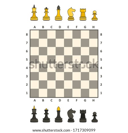Set of chess pieces and chessboard. Vector flat illustration in cartoon style