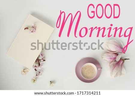 beautiful tender flat still life, card on a beige background, magnolia buds, a cup of cappuccino, concept of a floral spring background