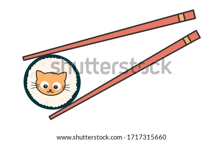 Cute cartoon japanese sushi roll with cat funny  vector illustration