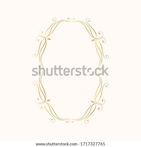 Hand drawn golden filigree oval frame. Royal border.  Vector isolated swirl monogram. Gold classic wedding invitation vintage template.
