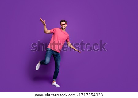Full size photo of cheerful cool guy night club music lover dance disco floor enjoy hip hop rock concert free time wear style stylish outfit footwear isolated bright color background