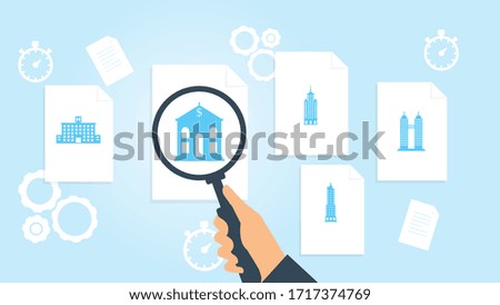 building file, document research vector illustration. Document with search icons. File and magnifying glass. Analytics research sign. Vector Illustration