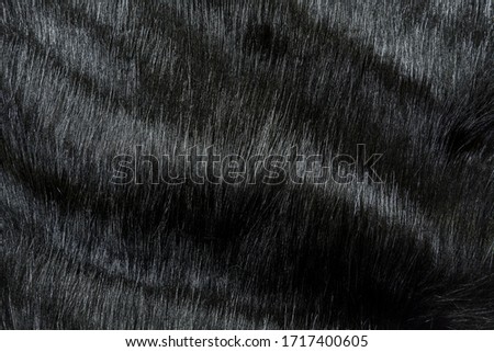 Black artificial fur soft and worm texture. Dark faux fur hair natural background. Dog Skin.
