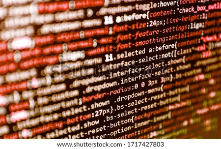 Information technology website coding standards for web design. Template of website, selective focus. Binary computer code background, abstract.