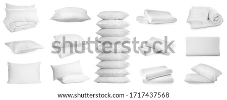 Collage of different soft pillows on white background. Banner design Royalty-Free Stock Photo #1717437568