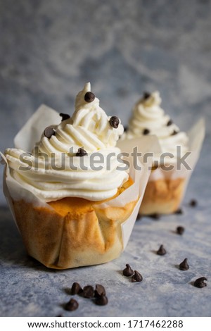 Cupcake with whipped cream Picture for a menu or a confectionery catalog. Two light chocolate chip muffins