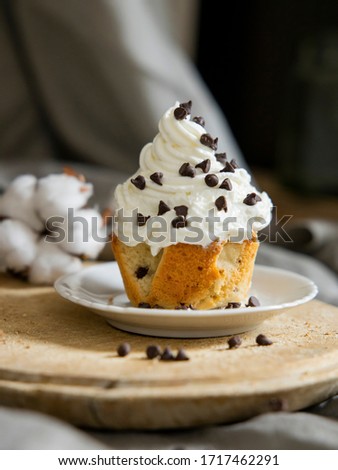 Cupcake with whipped cream Picture for a menu or a confectionery catalog. Two light chocolate chip muffins