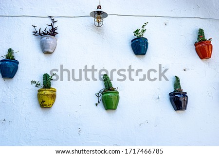 Flowers in colorful pots on a wall in the Kas (Kaş), Turkey, greek style. 