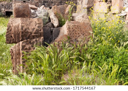 Details, patterns, ornament on the ruins of a medieval Armenian church of St. Sarkis  in the village of Ushi
