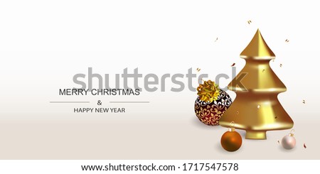 Horizontal christmas poster. New Year Background with Sparkling, Abstract Gold Christmas Trees and balls