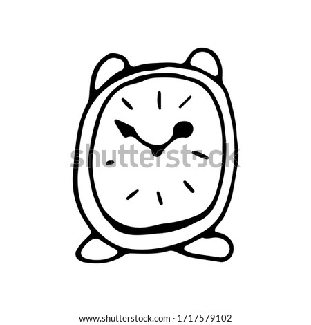 cute clock emblem on white wall backdrop. Freehand linear black ink hand drawn picture logo sketchy in art retro scribble style pen on paper. Closeup view with space for text