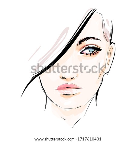 Beautiful young woman face natural makeup vector drawing sketch. Fashion portrait illustration.