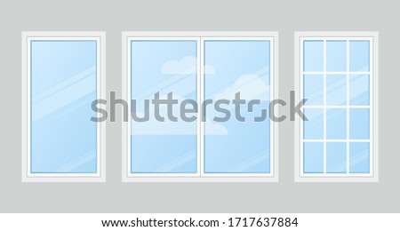 Window design clipart Set. White frames, glass, blue sky, white clouds. Royalty-Free Stock Photo #1717637884