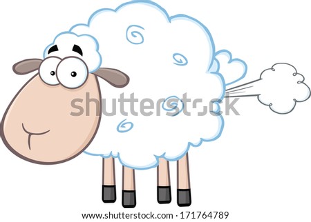 Cute White Sheep Cartoon Mascot Character With Cloud. Vector Illustration Isolated on white