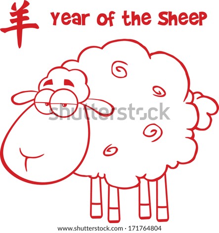 Sheep With Red Line And Text Year Of The Sheep. Vector Illustration Isolated on white