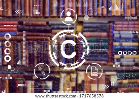 Copyright concept with a sign and links on a background of abstract graphics and a library with books. Close up.