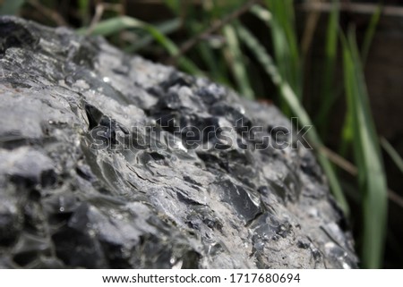 Shiny stone close-up. Its relief shimmers in the sun.Blurred background