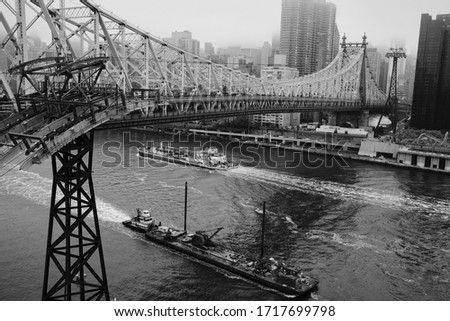 View of Queensboro Bridge and New York from Roosevelt Island in Black and White