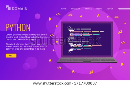 Program code on the laptop screen. Landing page design. laptop with a code computer language python. Vector illustration on ultraviolet background.