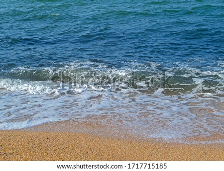 Blue sea wave with white foam on empty sandy beach with shells. Kerch, Azov Sea. Selective focus