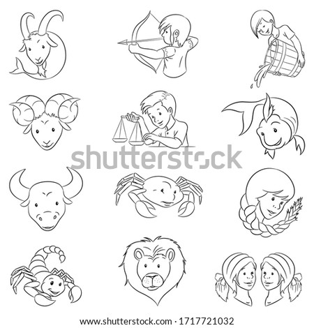 Vector Illustration of Black Line Art Zodiac Signs isolated on a White Background