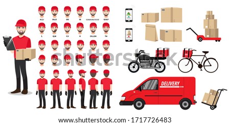 Cartoon character set with a delivery man in a red t-shirt for animation. Front, side, back, 3-4 view character. Vehicles, tools, and box set. Flat vector illustration.  Royalty-Free Stock Photo #1717726483