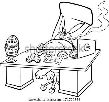 Black and White Cartoon Vector Concept Humor Illustration of Funny Easter Bunny Businessman in his Office