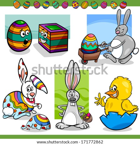 Cartoon Vector Illustration of Happy Men Easter Themes with Bunny, Chicken or Chick and Colored Eggs