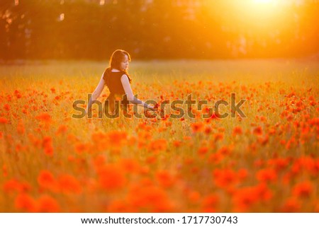 portrait of a beautiful cute girl in a poppy field at sunset