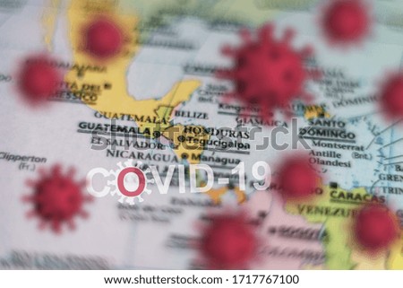 Covid-19 outbreak or new Coronavirus, 2019-nCoV, virus on a map of Honduras, Guatemala . Covid 19-NCP virus: contagion and propagation of disease in New York. Pandemic and viral epidemic.