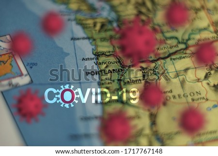 Covid-19 outbreak or new Coronavirus, 2019-nCoV, virus  on a map of USA . Covid 19-NCP virus: contagion and propagation of disease in Portland . Pandemic and viral epidemic. 