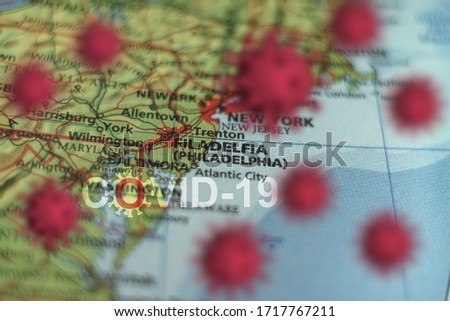 Covid-19 outbreak or new Coronavirus, 2019-nCoV, virus  on a map of USA . Covid 19-NCP virus: contagion and propagation of disease in Filadelfia (Philadelphia).  Pandemic and viral epidemic.  