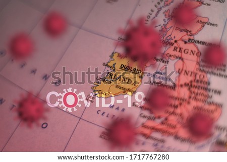 Covid-19 outbreak or new Coronavirus, 2019-nCoV, virus on a map of IRELAND. Covid 19-NCP virus: contagion and propagation of disease. Pandemic and viral epidemic.