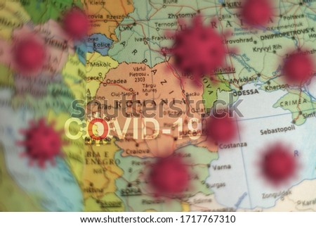 Covid-19 outbreak or new Coronavirus, 2019-nCoV, virus on a map of ROMANIA . Covid 19-NCP virus: contagion and propagation of disease. Pandemic and viral epidemic.